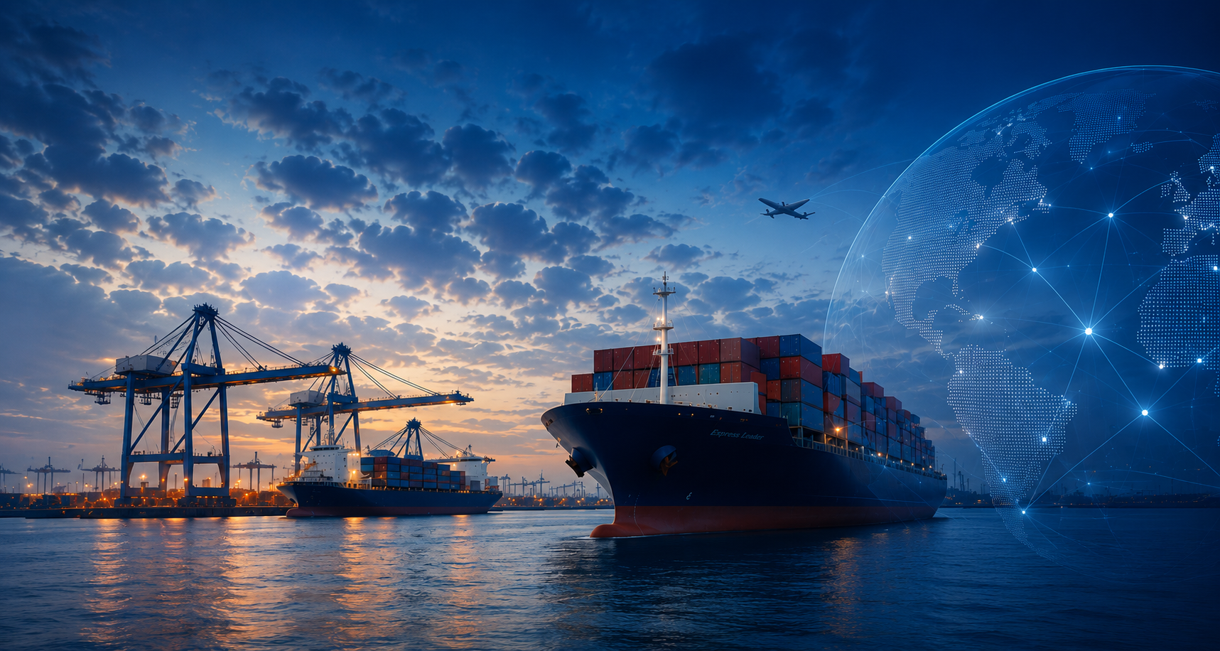 Navio porta-contêineres em terminal portuário ao amanhecer